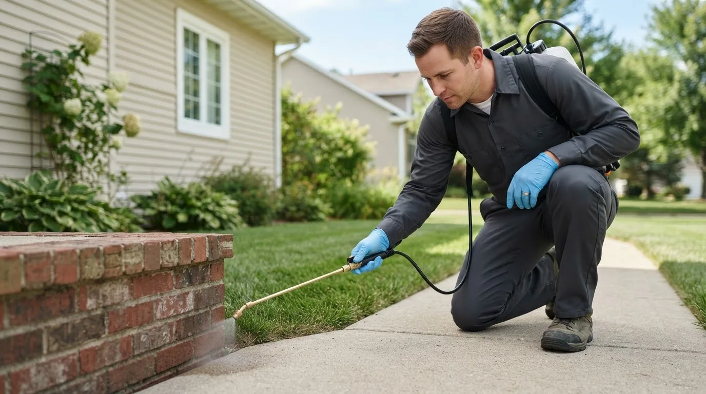 Pest control technician treating a home near Chester, UT